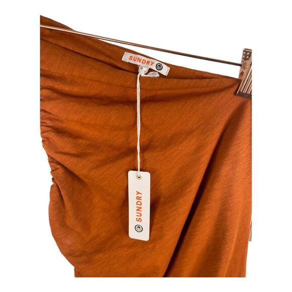 Sundry Asymmetrical Ruched Mini Dress Stretchy Jersey Lighweight Rust Boho Sz 0 - Picture 15 of 15